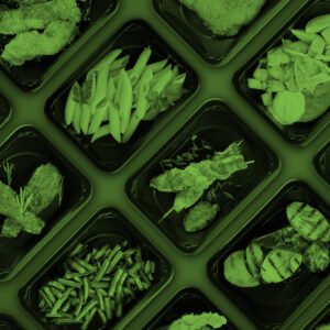 Collection of black plastic take away boxes with healthy food.